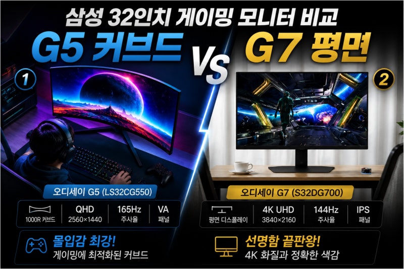 삼성 32인치 게이밍 모니터 추천! 오디세이 G5 커보드 vs G7 평면 비교 후기