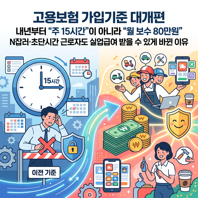 고용보험 가입기준 대개편, 내년부터 "주 15시간"이 아니라 "월 보수 80만원"입니다. N잡러·초....