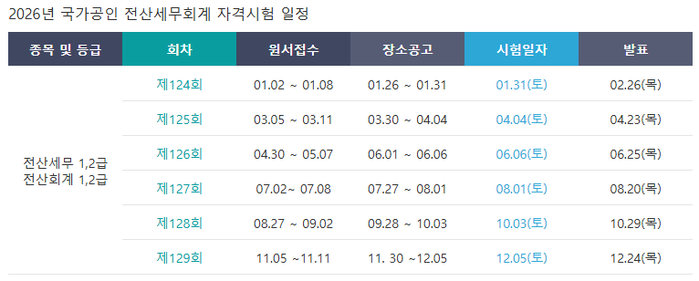 2026년 전산세무,회계 시험 일정 정리