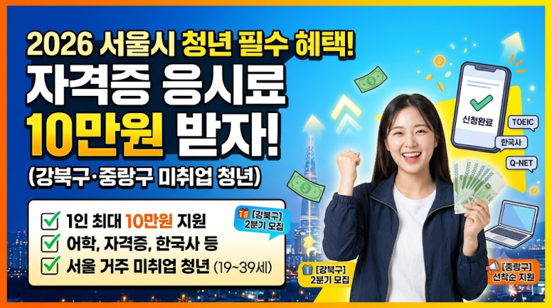 [취업 치트키] "시험 한 번에 5~10만 원?" 모르면 손해 보는 2026 서울 자치구별 청년 자격증 응....