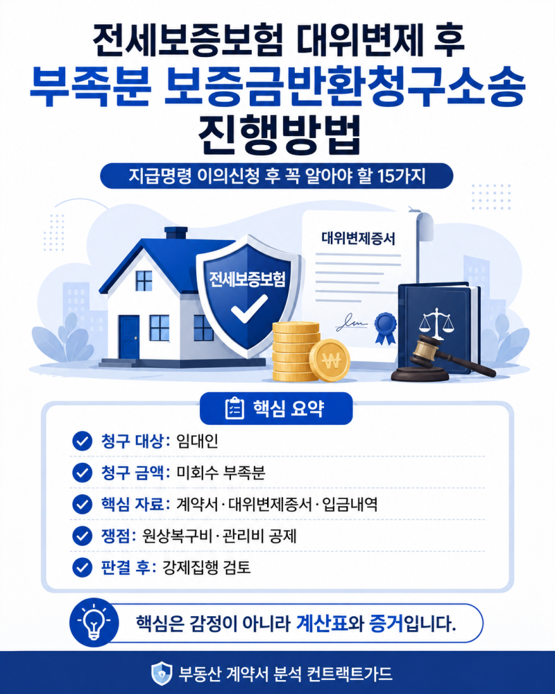 전세보증보험 대위변제 후 부족분 보증금반환청구소송 진행방법, 지급명령 이의신청 후 꼭 ....