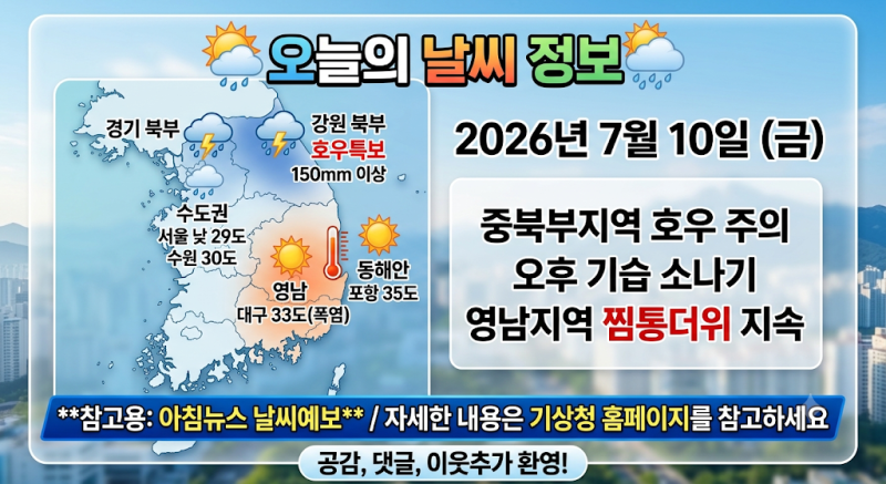 [오늘 날씨] 출근길 중북부 호우특보 비상! 서울 낮 29도·대구 33도 찜통더위 교차 (금요일 출....