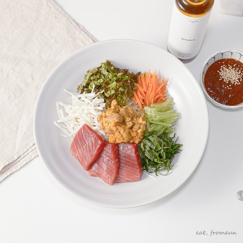 참치 회덮밥 레시피 국산참기름 추천 성게알비빔밥 회덮밥만들기
