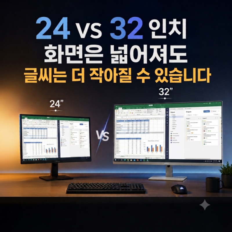 삼성 사무용 모니터 24 vs 32인치, 화면 큰 쪽이 글씨는 더 작습니다 (LS24F330·S32D701)