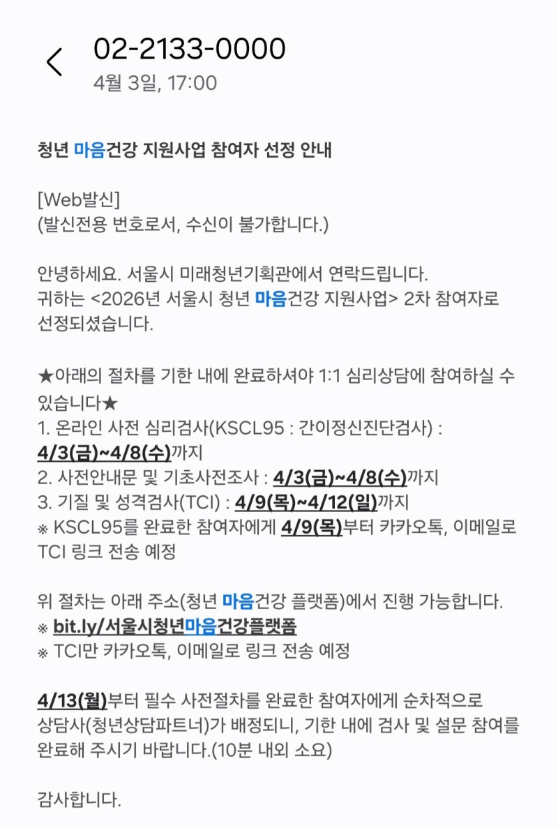 서울시 청년 마음건강 지원사업 2차 참여 후기 / 무료심리검사 / TCI검사 / 문장완성검사 / 서....
