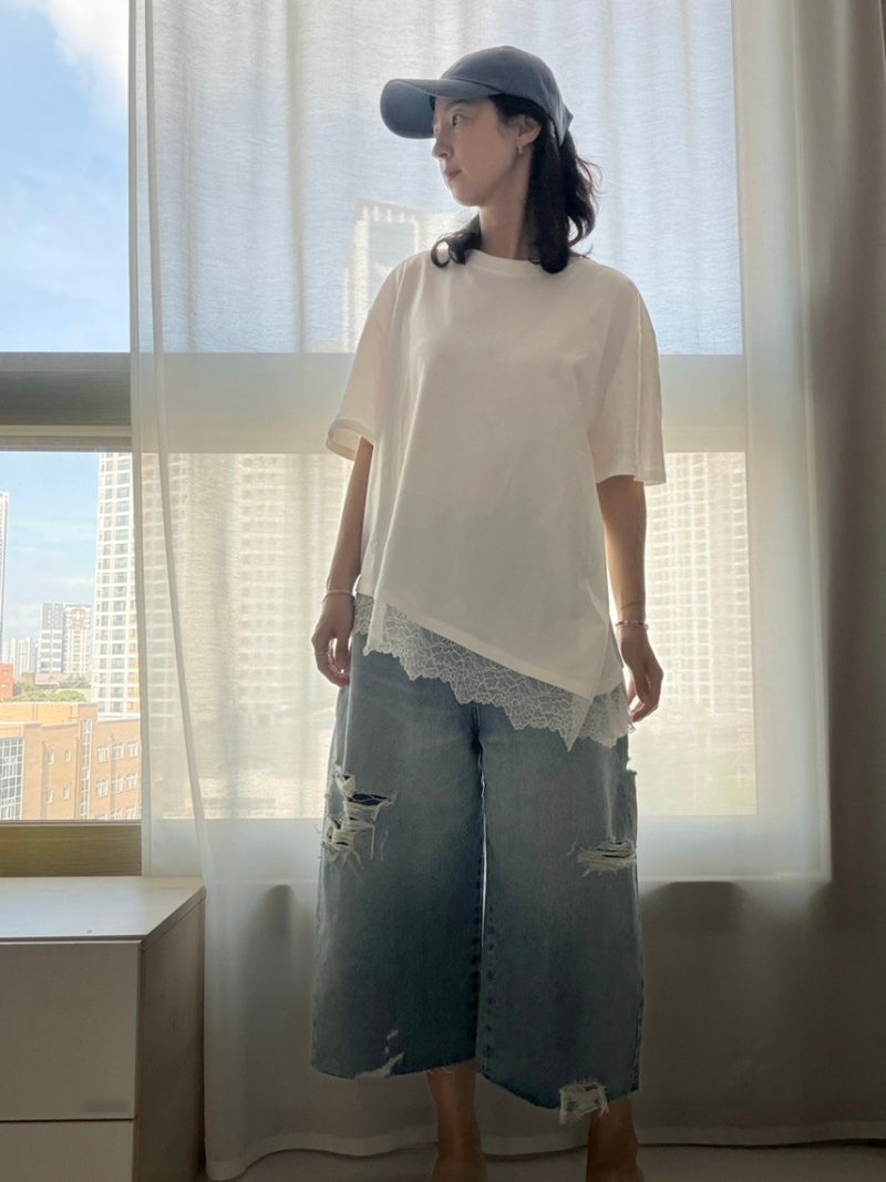 ZARA 찢청 와이드 데님 후기, H&M 화이트 티셔츠 여름 코디