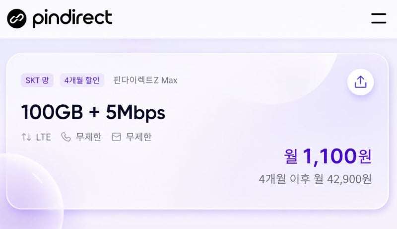 SKT 알뜰폰 100GB 요금제 월 1,100원 핀다이렉트 추천