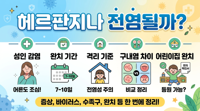 헤르판지나 전염될까? 성인 감염·완치·격리기간 한 번에 정리(구내염 차이, 수족구, 증상, ....