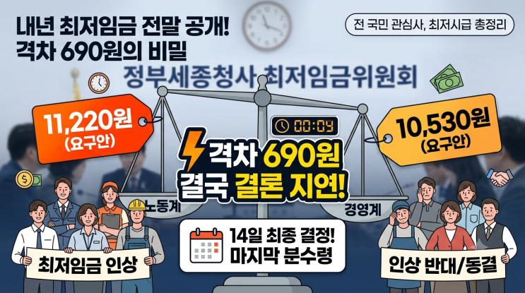 <b>내년 최저임금</b> 11220원 vs 10530원 격차 690원 전말, 결국... 
