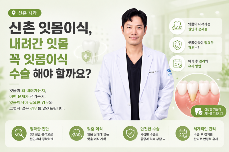 신촌 잇몸이식, 잇몸퇴축,치아뿌리 노출 원인과 잇몸이식 수술 필요 여부
