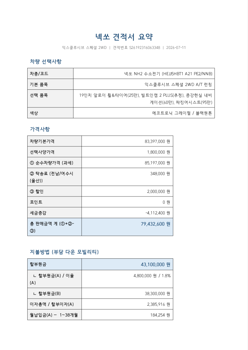 넥쏘 부담다운 모빌리티 월 18만원 가능? 실제 견적 공개 (여수 순천 광양)