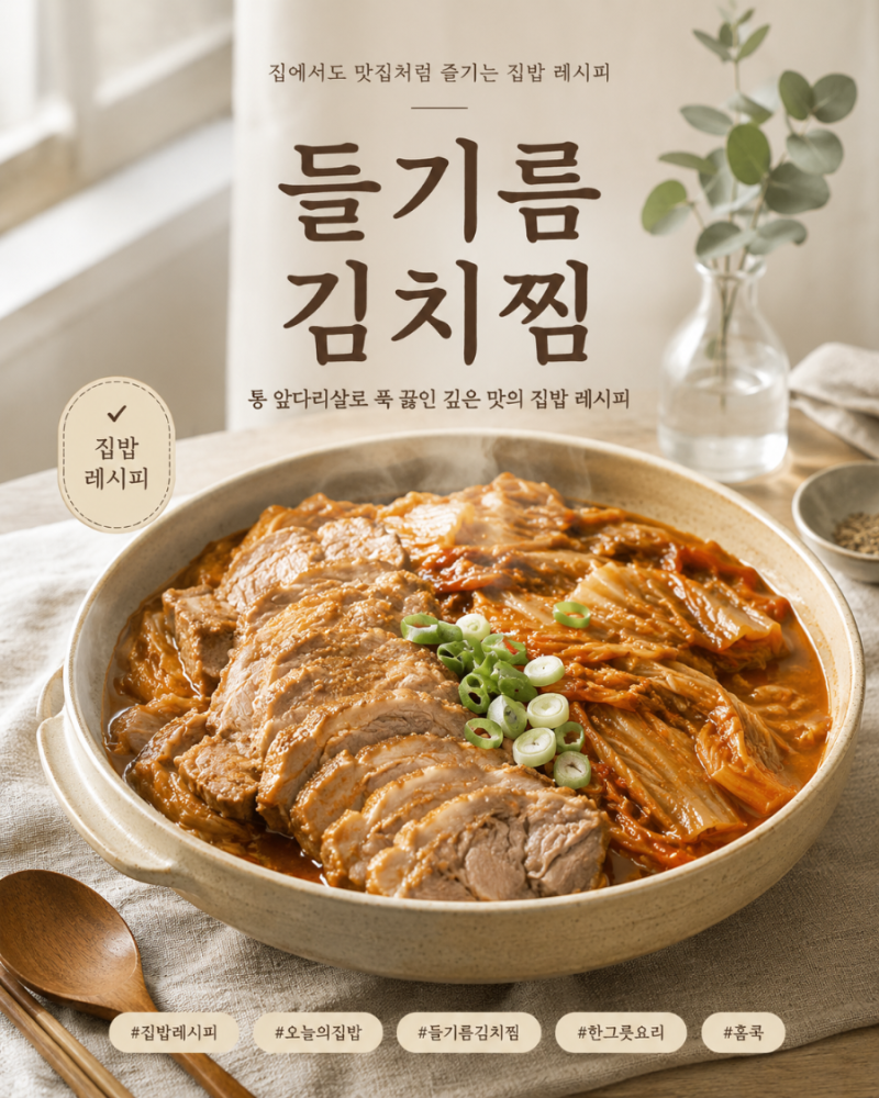 들기름 김치찜 레시피 통 앞다리살로 푹 끓이는 묵은지 김치찜
