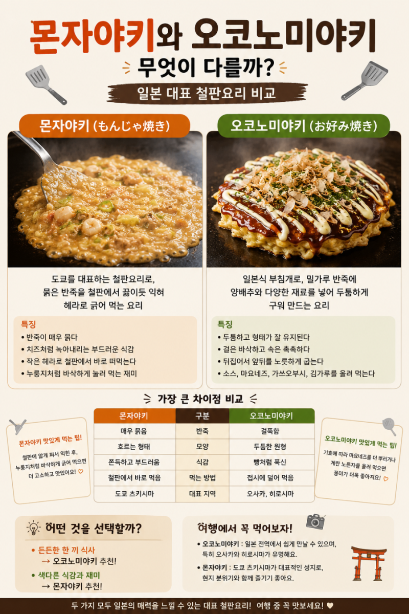몬자야키와 오코노미야키, 무엇이 다를까? 일본 대표 철판요리 비교