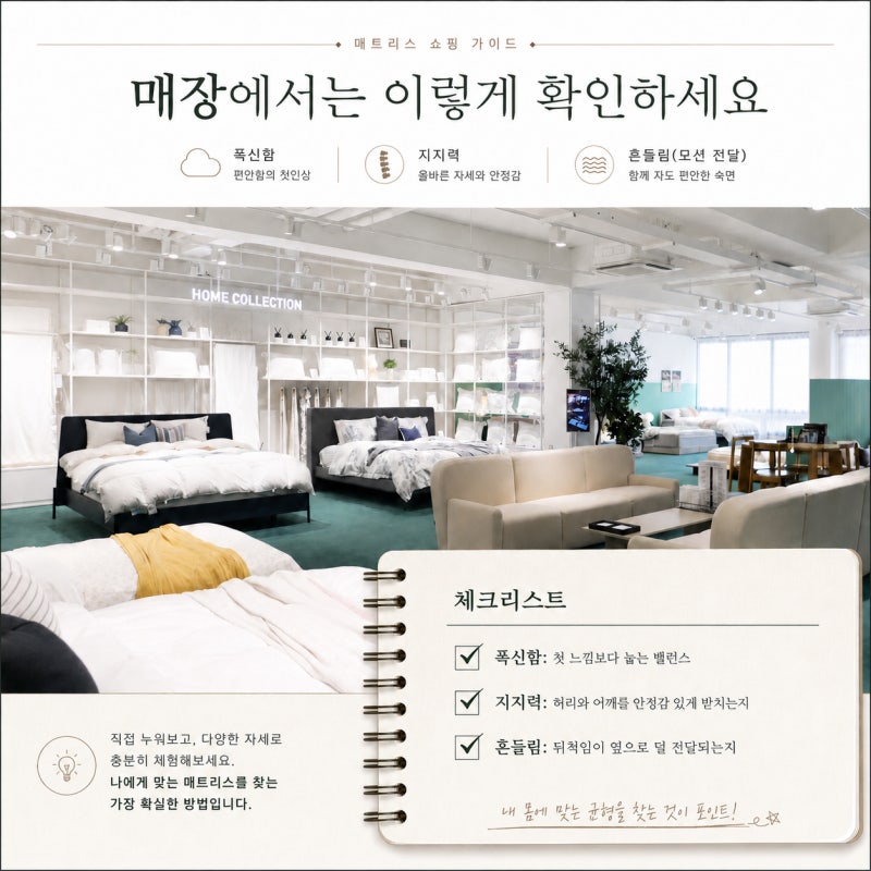 시몬스 침대 매장 방문시 매트리스 체크사항: 푹신함, 지지력, 흔들림