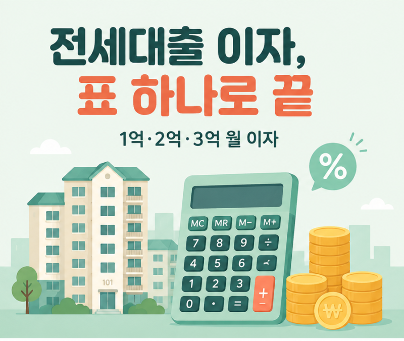전세대출 이자계산기 — 1억·1억5천·2억·3억 월 이자, 표로 바로 보기 (2026)
