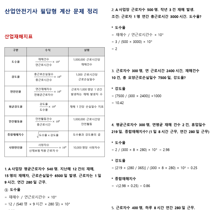산업안전기사 필답형 계산 기출 문제 요약 공부법 정리