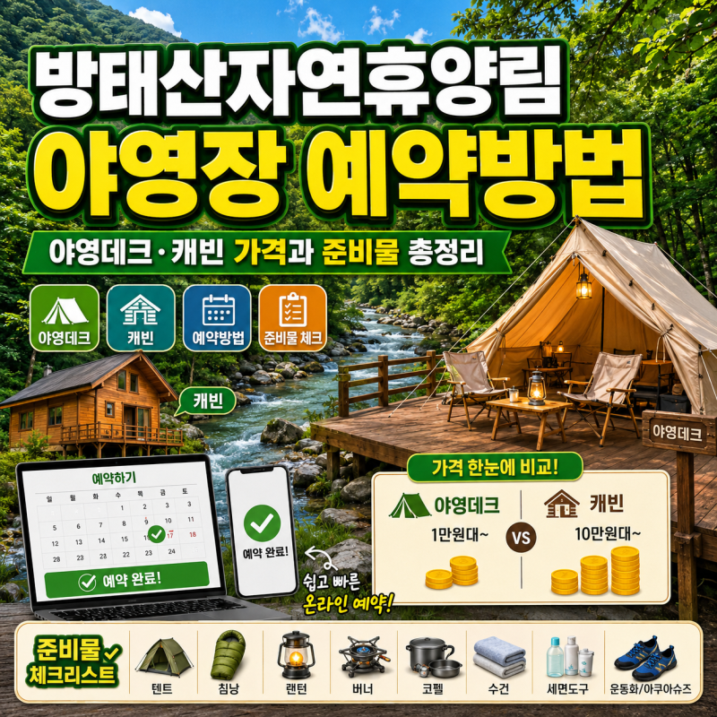 방태산자연휴양림 야영장 예약방법, 야영데크·캐빈 가격과 준비물 총정리