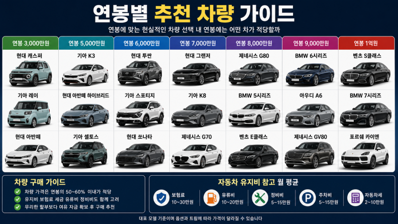 연봉별 현실적인 차 추천｜3000만원부터 1억까지 자동차 정리