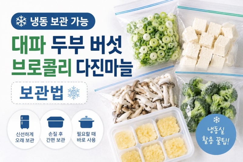 냉동 보관 가능, 대파 다진마늘 버섯 브로콜리 두부 보관법