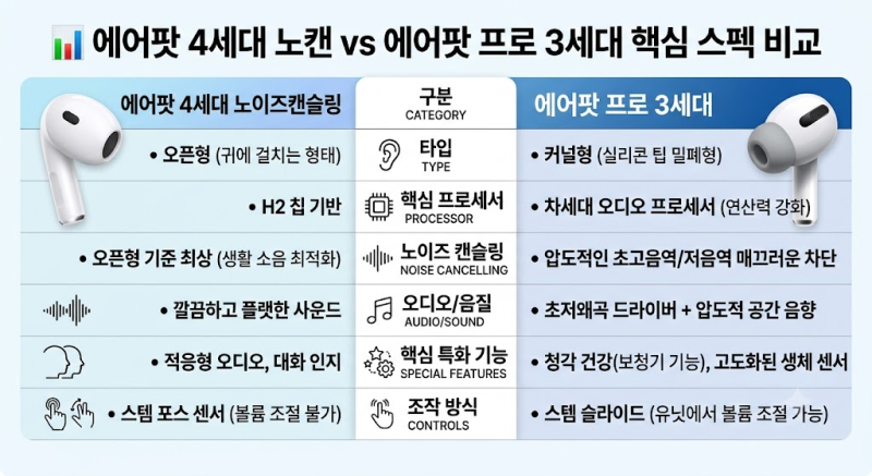 에어팟 4세대 노캔 vs 에어팟 프로 3세대 솔직 비교 (장단점, 노이즈 캔슬링 최종 승자는?)