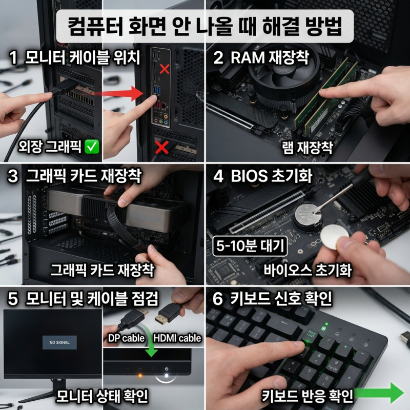 컴퓨터 전원은 켜지는데 모니터 화면이 안나올때 해결 방법