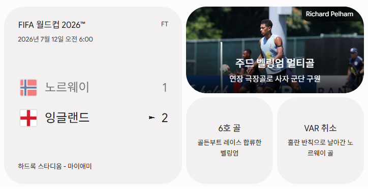  [2026 북중미 월드컵][8강토너먼트] 노르웨이 vs <b>잉글랜드</b>... 