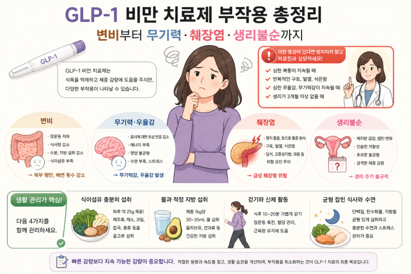 GLP-1 비만 치료제(위고비, 마운자로) 부작용 총정리: 변비부터 무기력·췌장염·생리불순까지