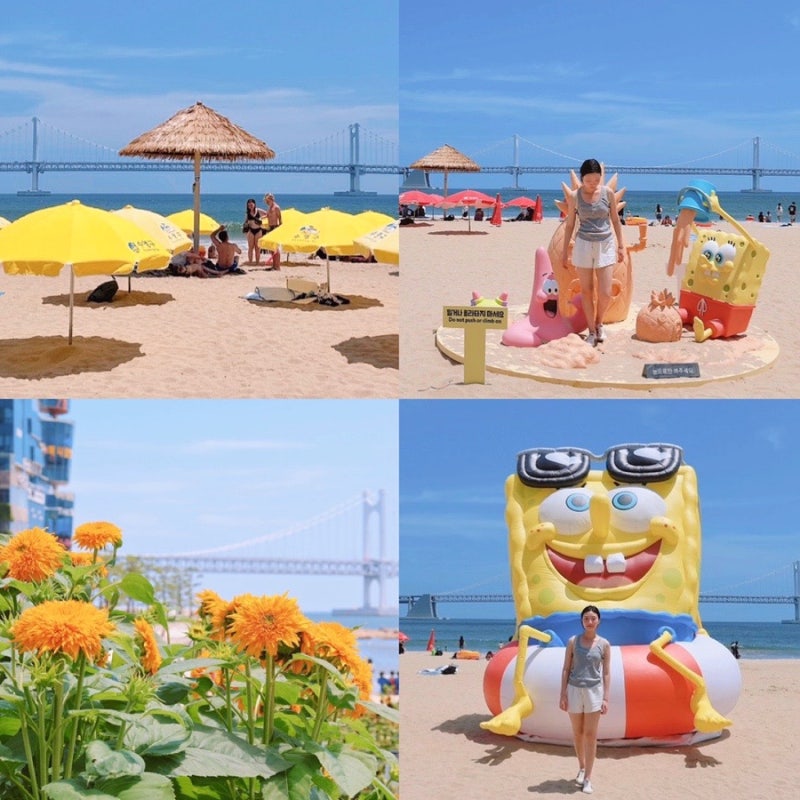 부산 광안리 가볼만한곳 광안리해수욕장 개장 놀거리 스펀지밥 포토존 해바라기밭 드론 레....