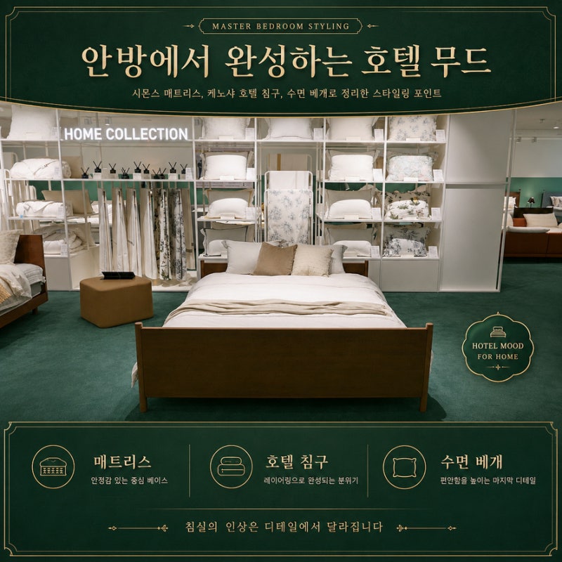 호텔침대 연출 이렇게 해결! 시몬스매트리스, 케노샤 호텔침구, 수면베개
