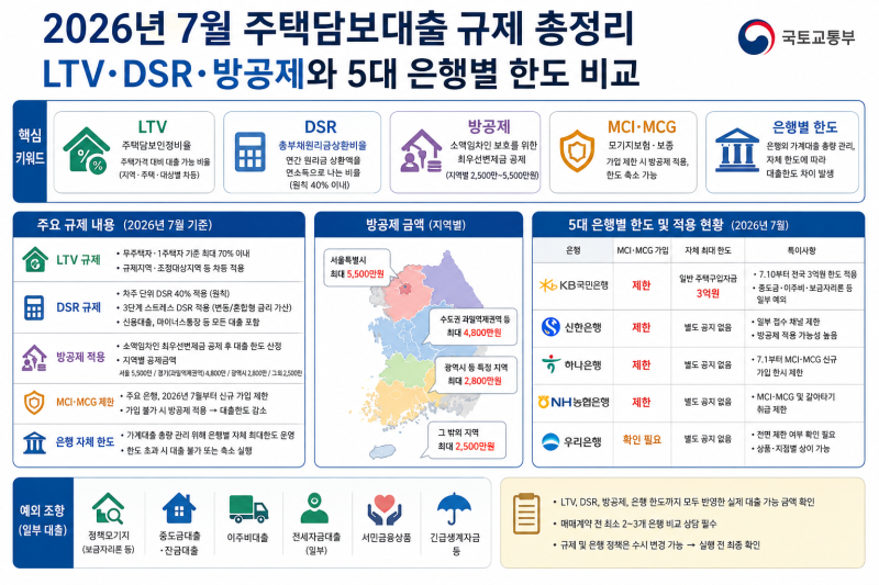 2026년 7월 주택담보대출 규제 총정리｜LTV·DSR·방공제와 5대 은행별 한도 비교