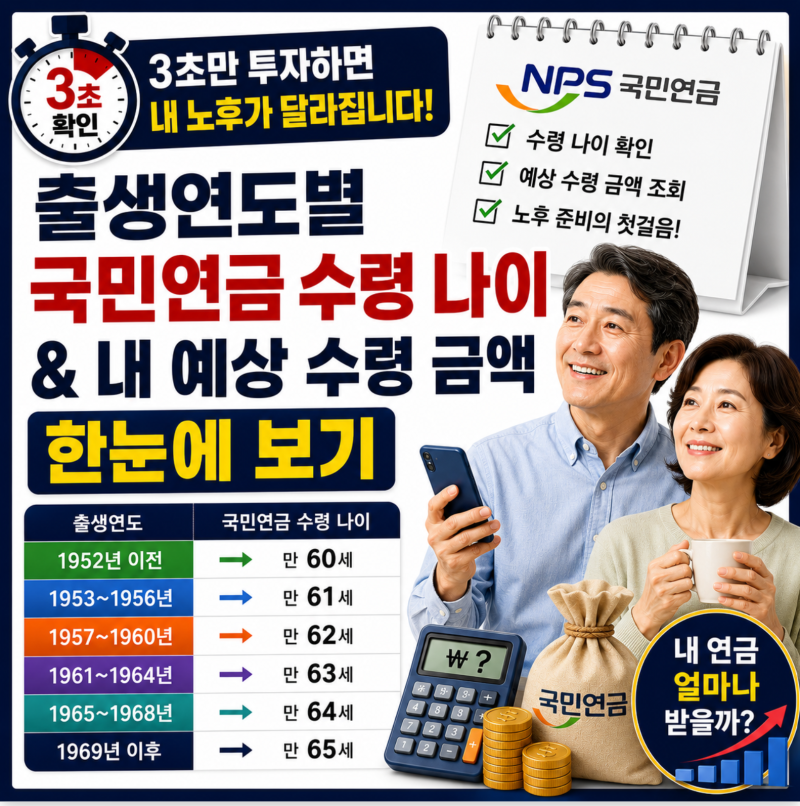 [3초 확인] 출생연도별 국민연금 수령 나이 & 내 예상 수령 금액 한눈에 보기(예상연금조회 바....