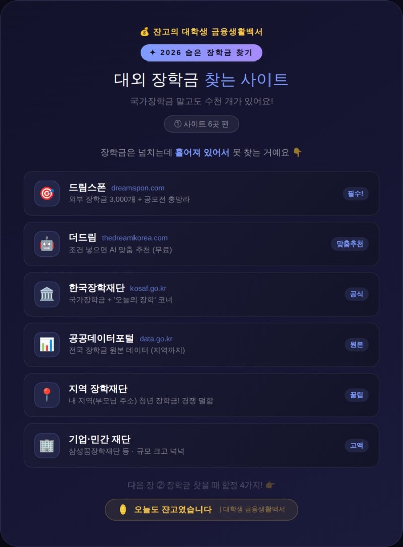 대학생 대외 장학금 찾는 사이트 총정리 (2026 숨은 장학금 찾기)