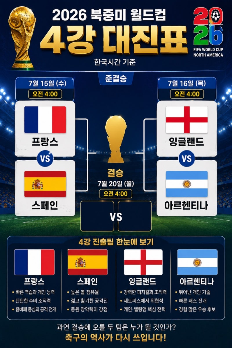월드컵 4강 대진표 확정｜프랑스vs스페인·잉글랜드vs아르헨티나, 전력 분석까지