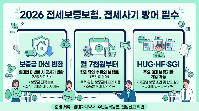 2026 전세보증보험 총정리 | 전세사기 방어 필수, 보증료 월 7천원부터 (HUG·HF·SGI 비교·가입조....