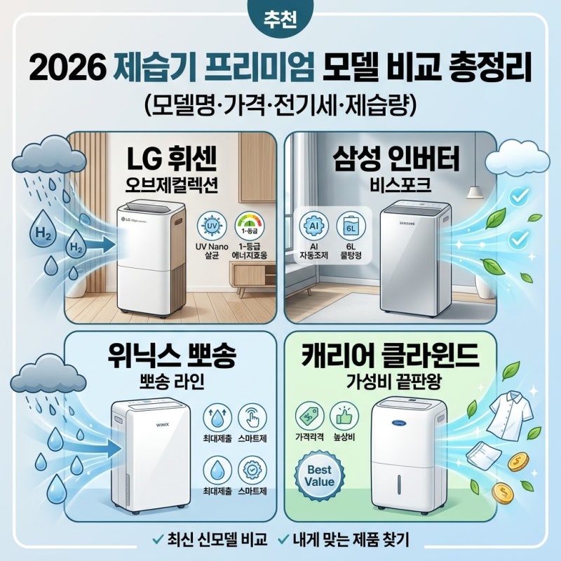 2026 제습기 추천, LG·삼성·위닉스·캐리어 프리미엄 모델 비교 총정리 (모델명·가격·전기세)