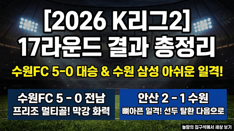 [2026 K리그2] 17라운드 경기 결과 총정리 ⚽ (수원FC 5-0 화력 폭발 & 안산에 일격당한 수원 삼성)