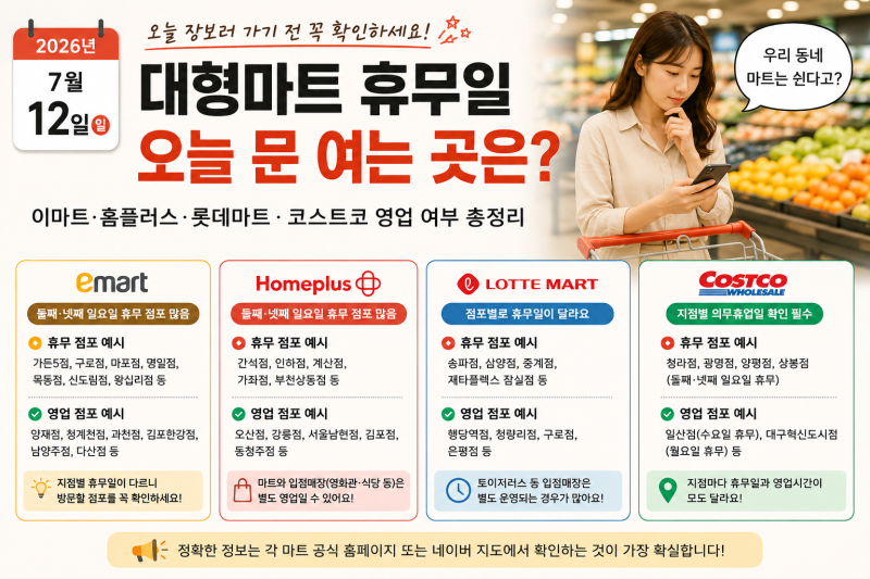 오늘 대형마트 휴무일 7월 12일｜이마트·홈플러스·롯데마트·코스트코 문 여는 곳