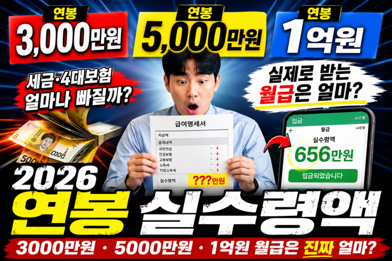 2026 연봉 실수령액｜3000만원 5000만원 1억원 월급은 얼마일까