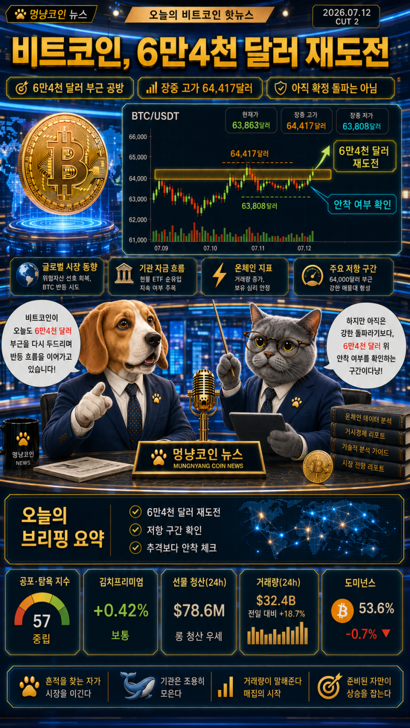 비트코인 6만4천 달러 재도전｜64,417달러 저항과 연준·중동 변수 체크