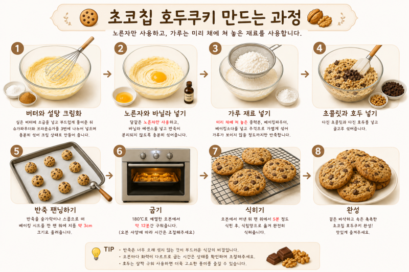 겉은 바삭하고 속은 촉촉한 초코칩 호두쿠키 레시피