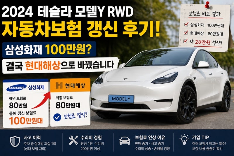 2024 테슬라 모델Y RWD 자동차보험 갱신 후기! 삼성화재 100만원? 결국 현대해상으로 바꿨습니다