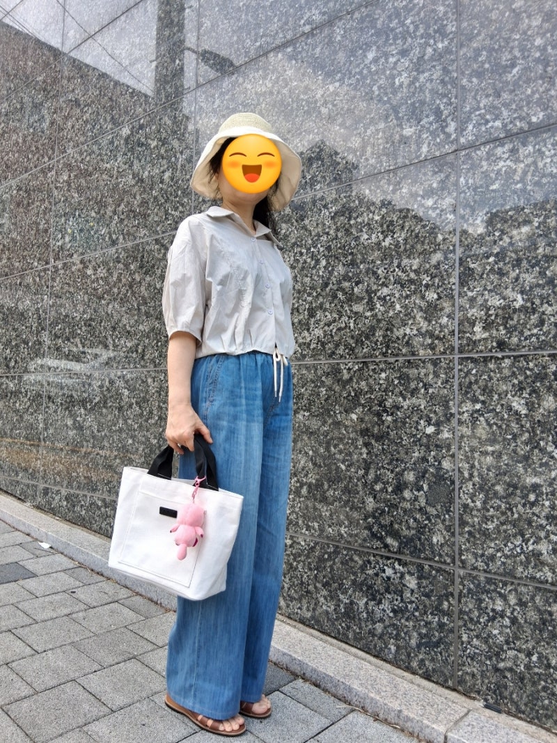 7월 50대여자예배룩 밸리걸 크롭 셔츠블라우스 지오다노 풀밴딩 워시드 블루데님팬츠 여름패....