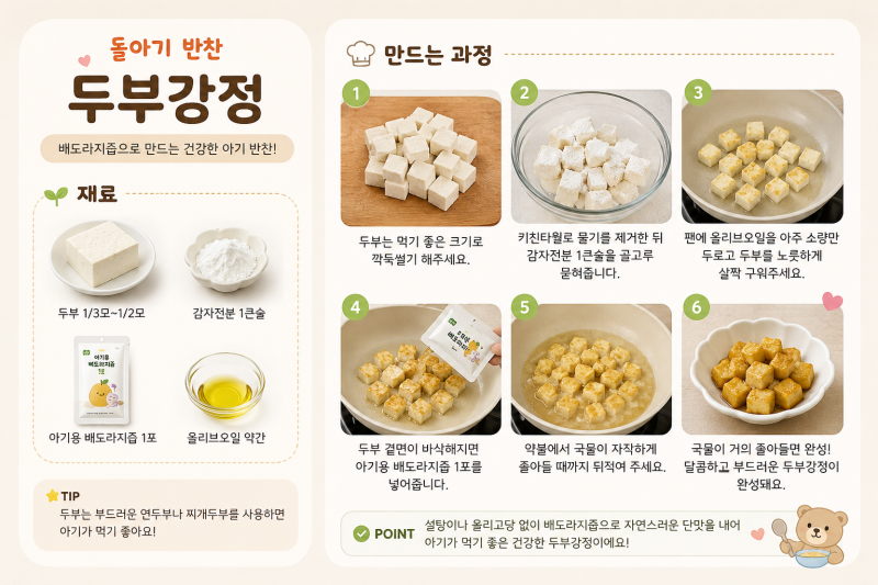 돌아기 반찬 추천! 설탕 없이 만드는 아기 두부강정, 배도라지즙으로 달콤한 유아식레시피️