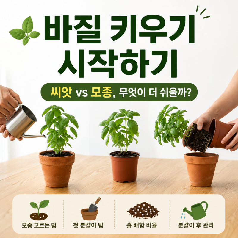 바질 키우기 시작하기 | 씨앗 vs 바질 모종, 첫 분갈이 화분 선택까지 완벽 가이드 1편