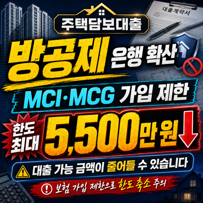 주택담보대출 방공제 은행 확산, MCI·MCG 가입 제한으로 한도 최대 5,500만 원 줄어들 수 있습니....