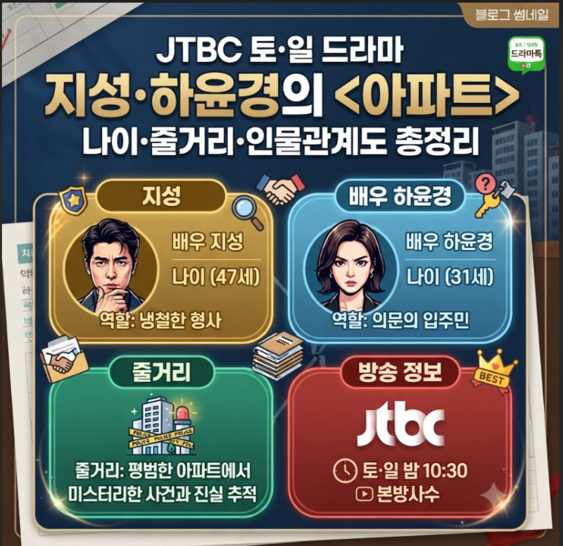 아파트 드라마 지성 하윤경 나이·줄거리, JTBC 토,일 총정리