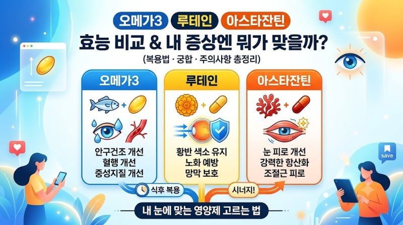 오메가3 루테인 아스타잔틴 효능 비교 총정리, 내 증상엔 뭐가 맞을까? (복용법·궁합·주의사....