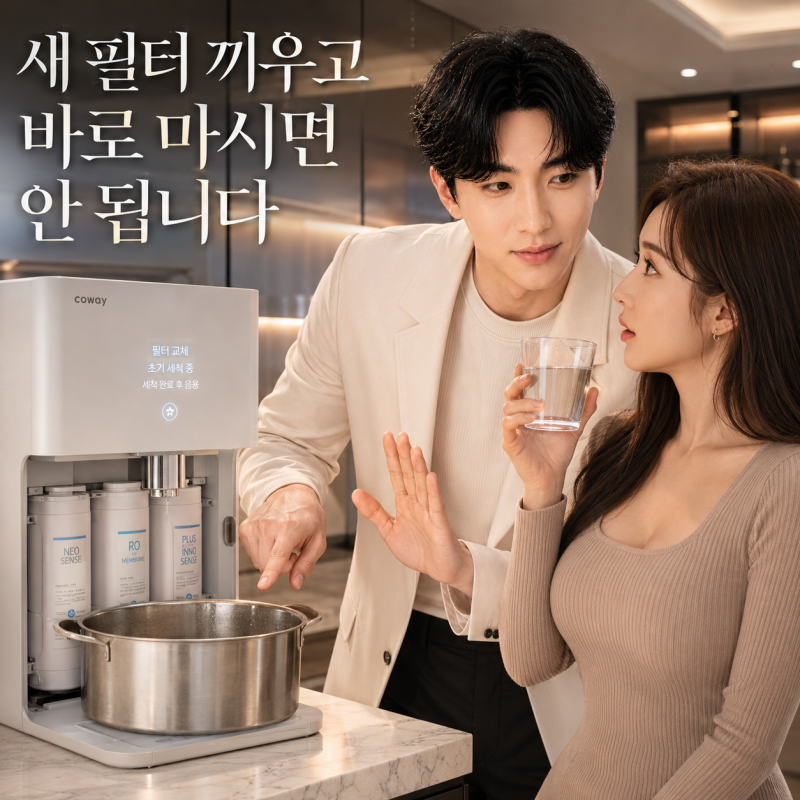 코웨이 아이콘3 필터 교체 방법: 새 필터 장착 후 초기 세척 및 물 빼기 필수 체크