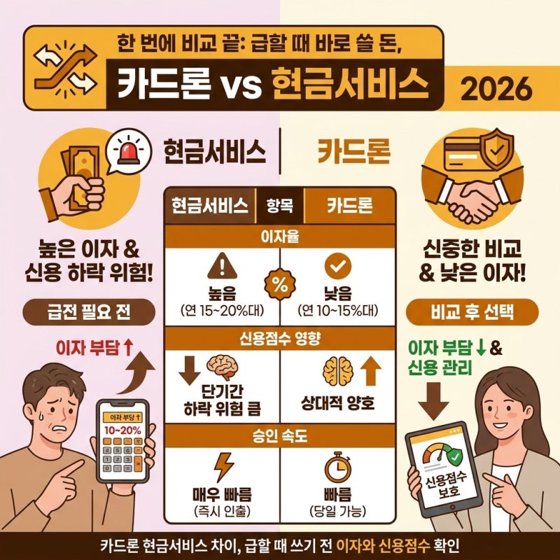 "이것만은 꼭 따져보세요" 카드론 현금서비스 차이 급할 때 쓰기 전 이자와 신용점수 확인