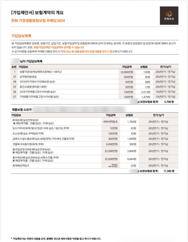 [신혼부부 매매] 구축 아파트 한화손보 화재보험 가입 후기, 일배책과 차이점(광고X)